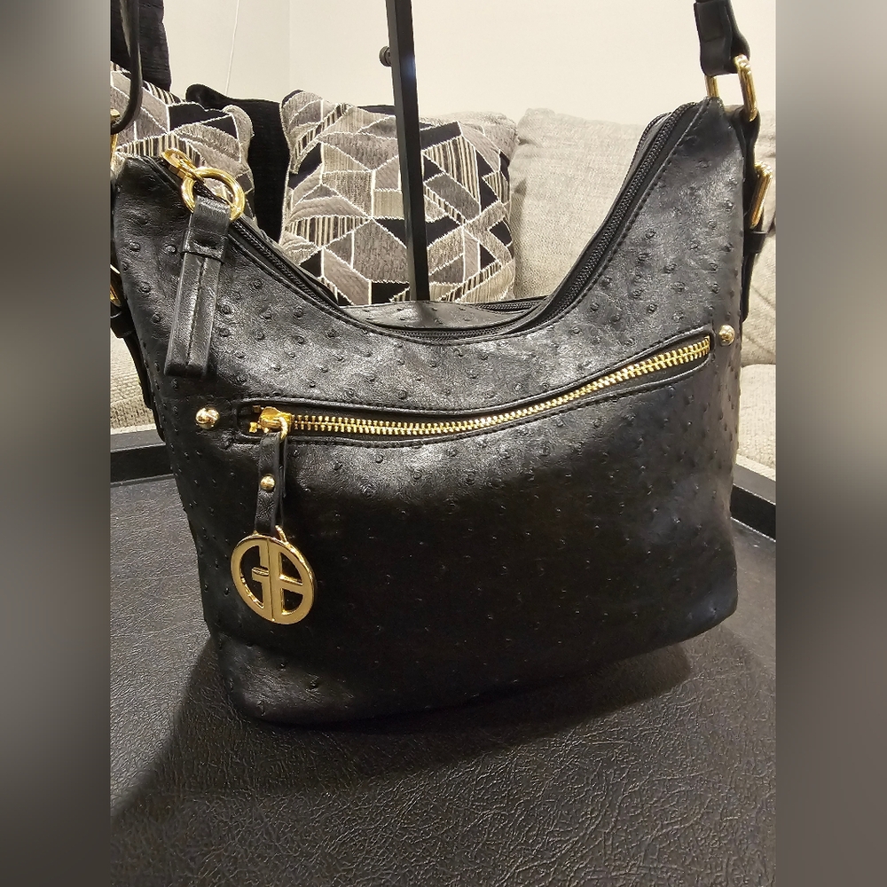 Gianni Bernini Black Vegan Leather Ostrich Embossed Adjustable Crossbody Bag